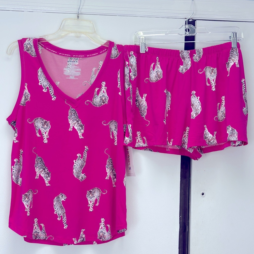 Joyspun Women's Printed Magenta Blast Tank Top & Shorts Pajama 2-Piece Set L !